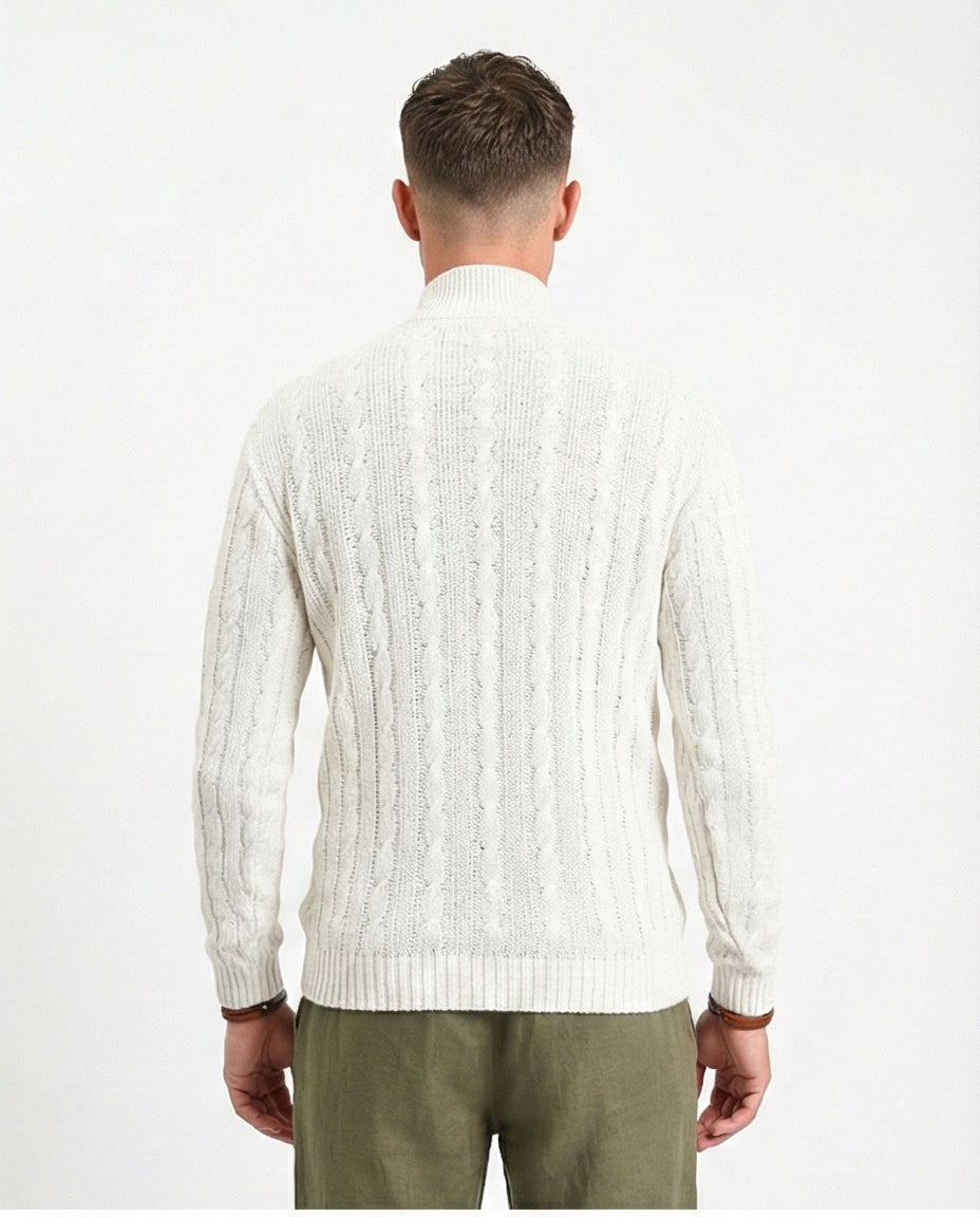 R212619 - Braided Knit Zipped Winter Sweater - Pastel Beige