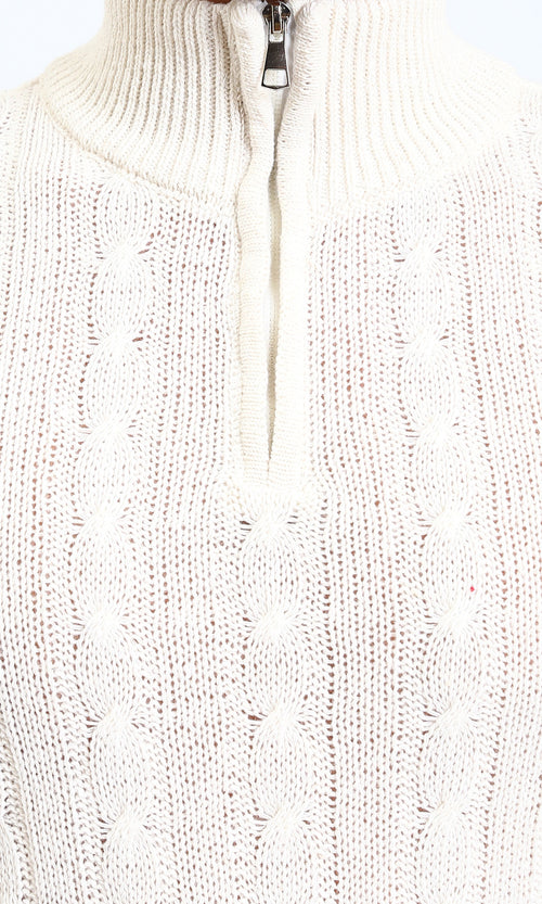 R212619 - Braided Knit Zipped Winter Sweater - Pastel Beige