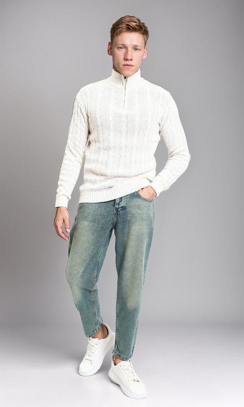 R212619 - Braided Knit Zipped Winter Sweater - Pastel Beige