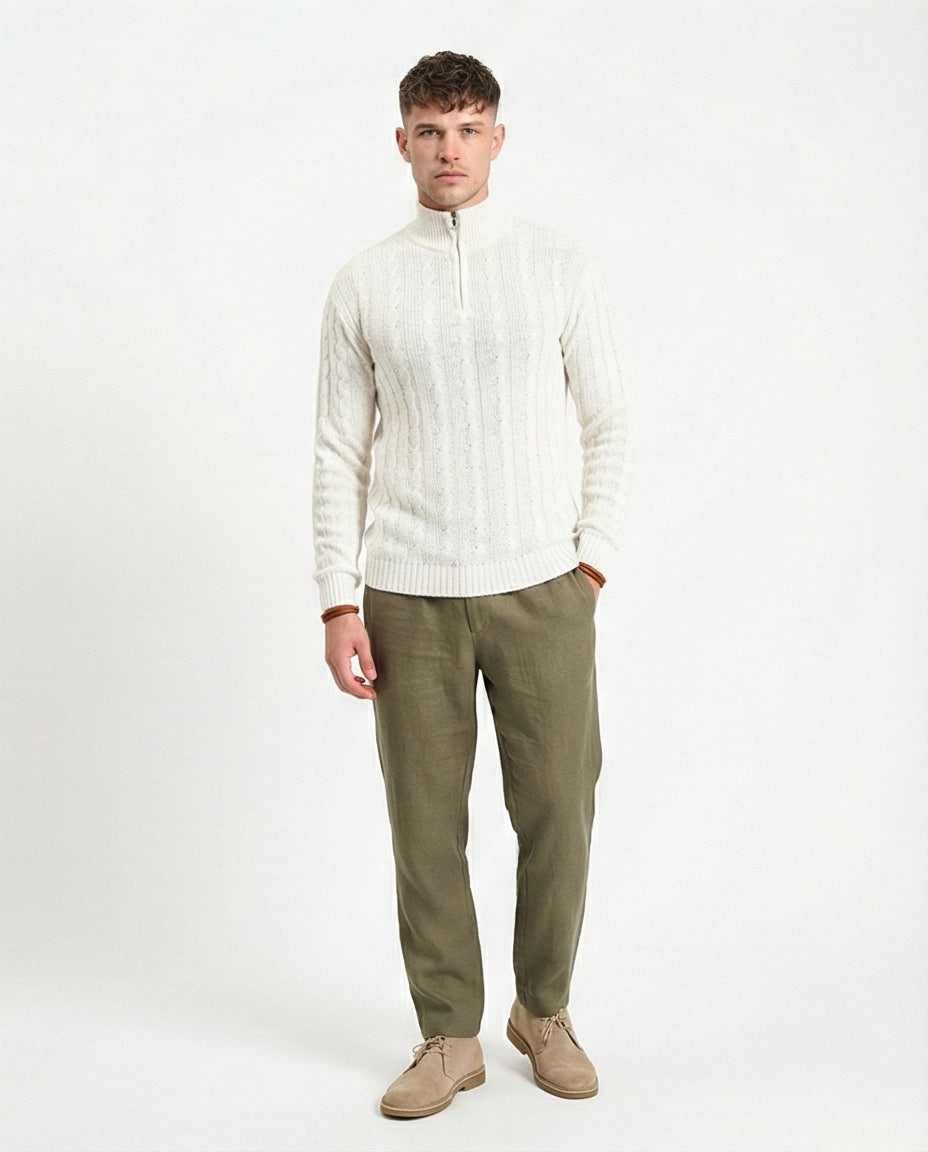 L.Beige Half-Zip Cable Knit Regular Fit Sweater - R212619