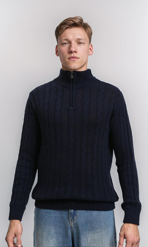 R212620 - Braided Knit Zipped Winter Sweater - Pastel Beige