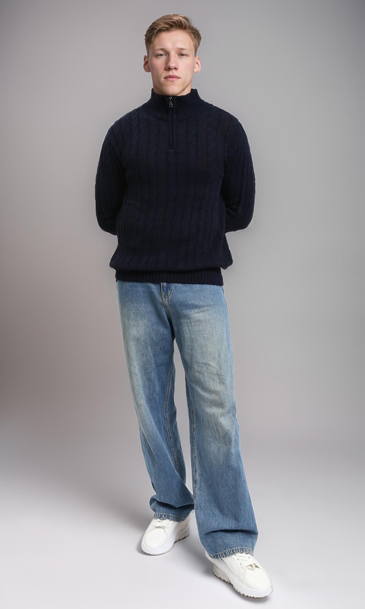 R212620 - Braided Knit Zipped Winter Sweater - Pastel Beige