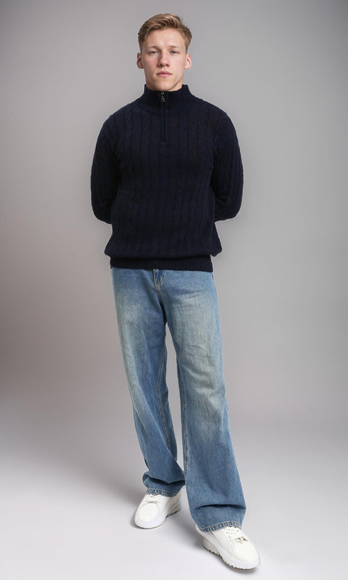 R212620 - Braided Knit Zipped Winter Sweater - Pastel Beige