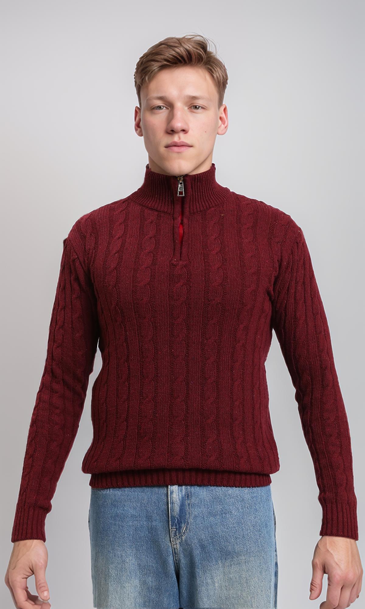 Braided Knit Zipped Winter Sweater - Burgundy