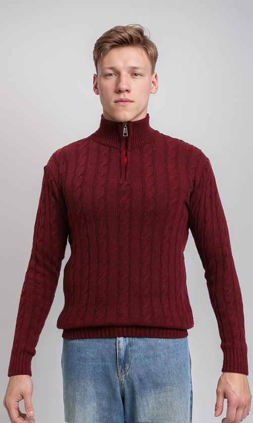 R212621 - Braided Knit Zipped Winter Sweater - Burgundy