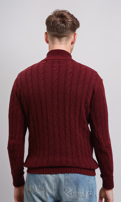 R212621 - Braided Knit Zipped Winter Sweater - Burgundy