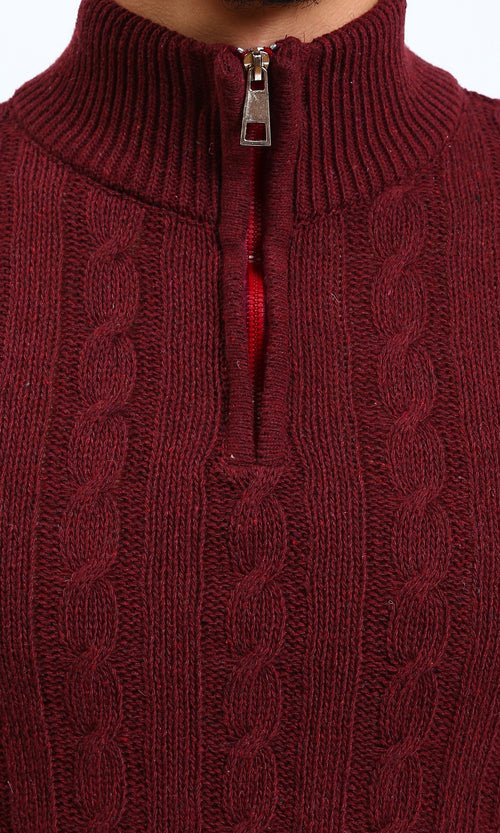 R212621 - Braided Knit Zipped Winter Sweater - Burgundy