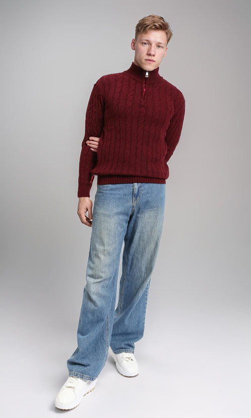 R212621 - Braided Knit Zipped Winter Sweater - Burgundy