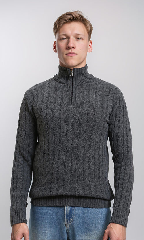 R212622 - Braided Knit Zipped Winter Sweater - Dark Grey