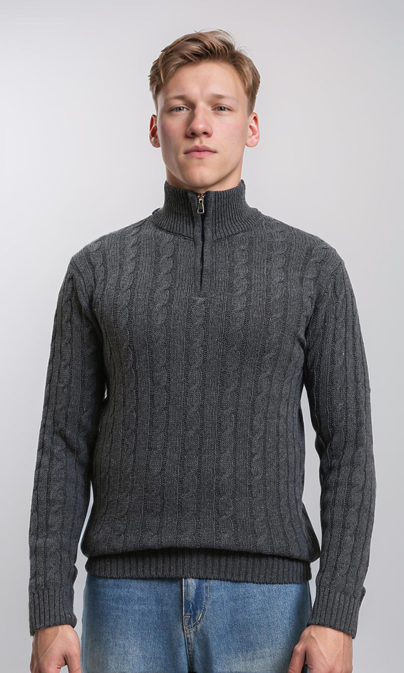 R212622 - Braided Knit Zipped Winter Sweater - Dark Grey