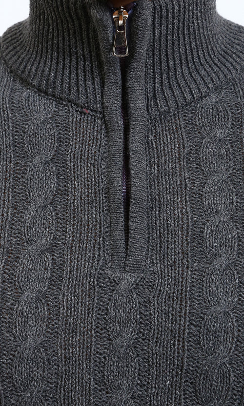 R212622 - Braided Knit Zipped Winter Sweater - Dark Grey