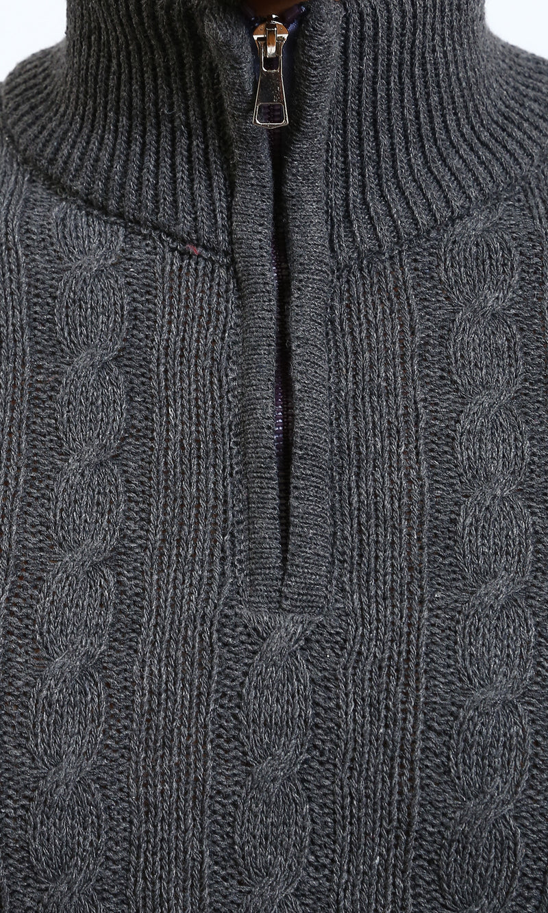 R212622 - Braided Knit Zipped Winter Sweater - Dark Grey