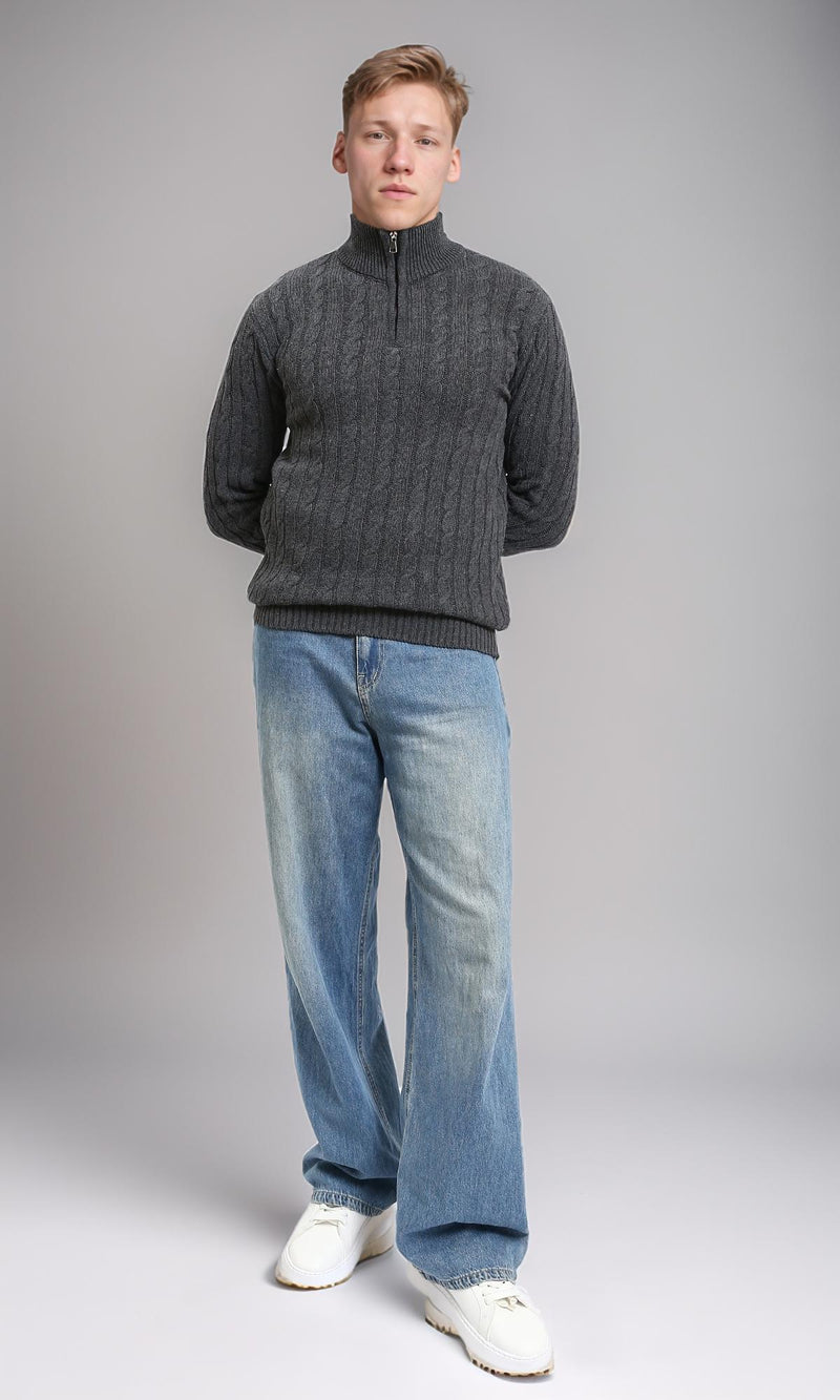 R212622 - Braided Knit Zipped Winter Sweater - Dark Grey