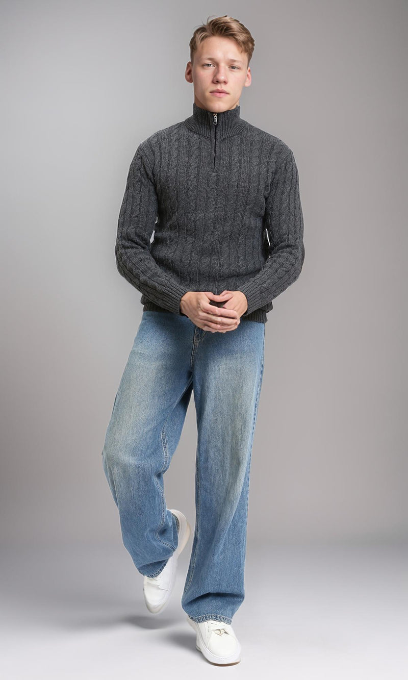 R212622 - Braided Knit Zipped Winter Sweater - Dark Grey