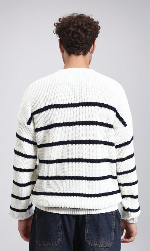 R212623 - Striped Chunky Knit Pullover - White & Black
