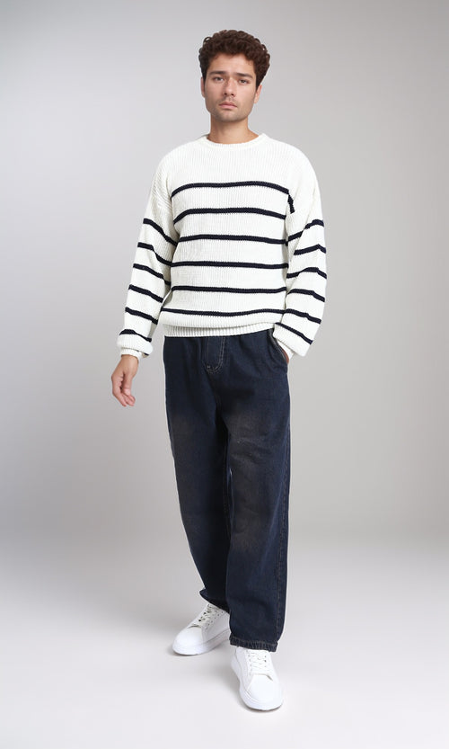 R212623 - Striped Chunky Knit Pullover - White & Black