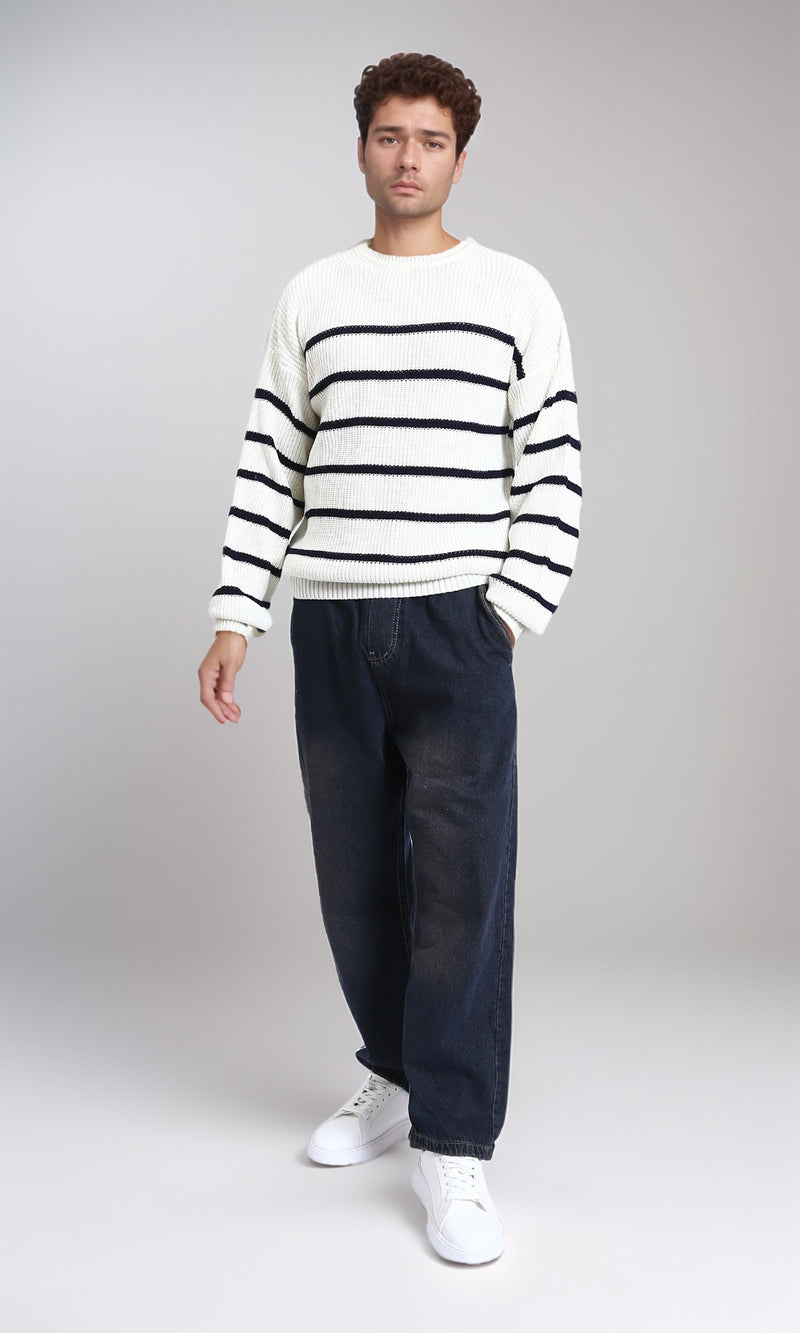 R212623 - Striped Chunky Knit Pullover - White & Black