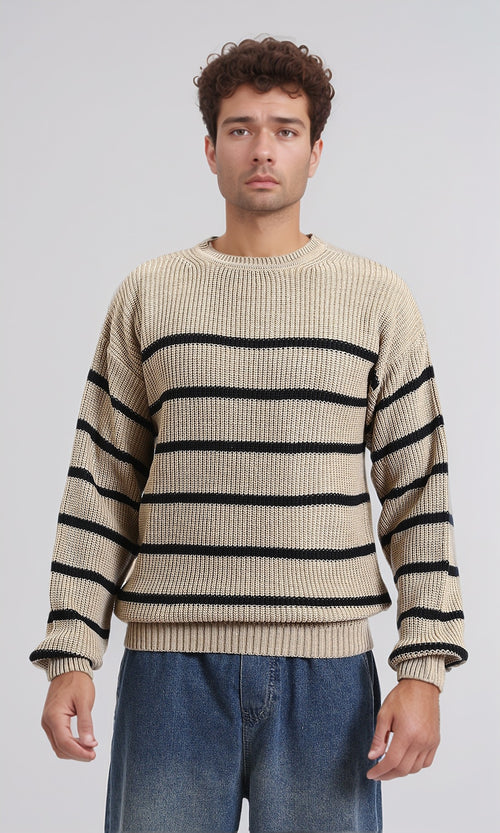 R212624 - Striped Chunky Knit Pullover - Coffee & Black