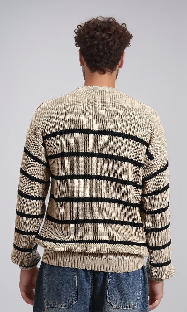 R212624 - Striped Chunky Knit Pullover - Coffee & Black