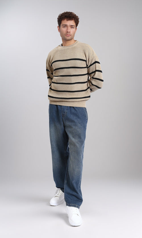 R212624 - Striped Chunky Knit Pullover - Coffee & Black