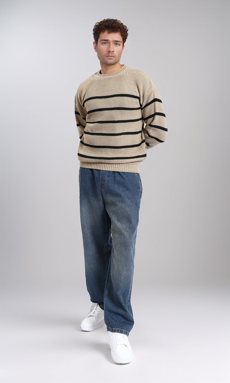 R212624 - Striped Chunky Knit Pullover - Coffee & Black