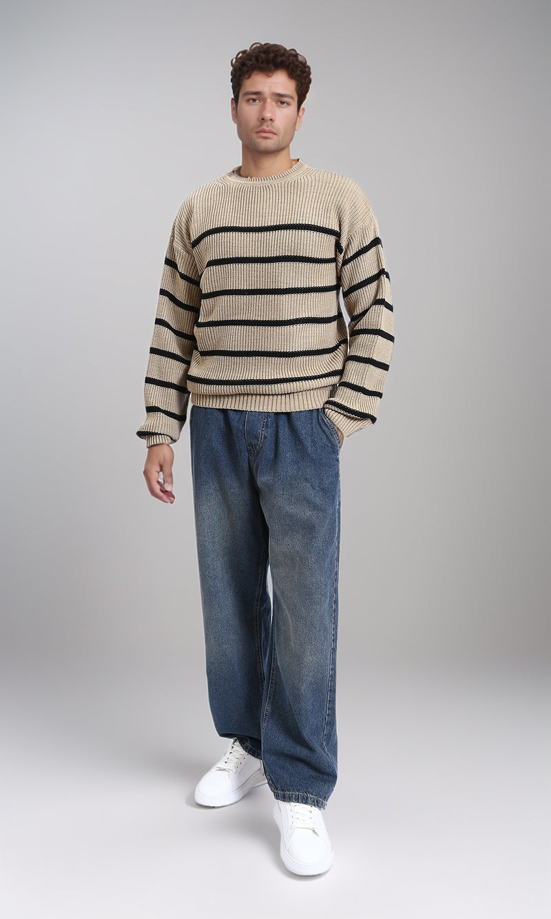 R212624 - Striped Chunky Knit Pullover - Coffee & Black