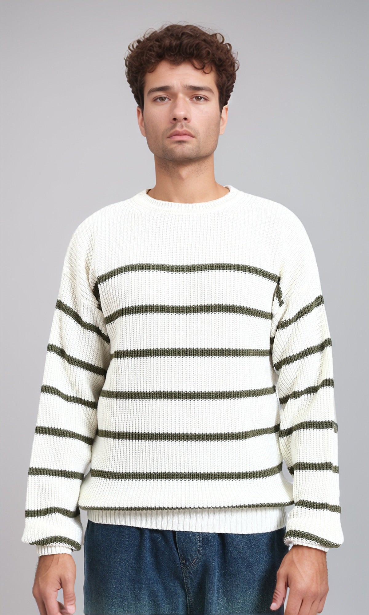 Striped Chunky Knit Pullover - White & Olive