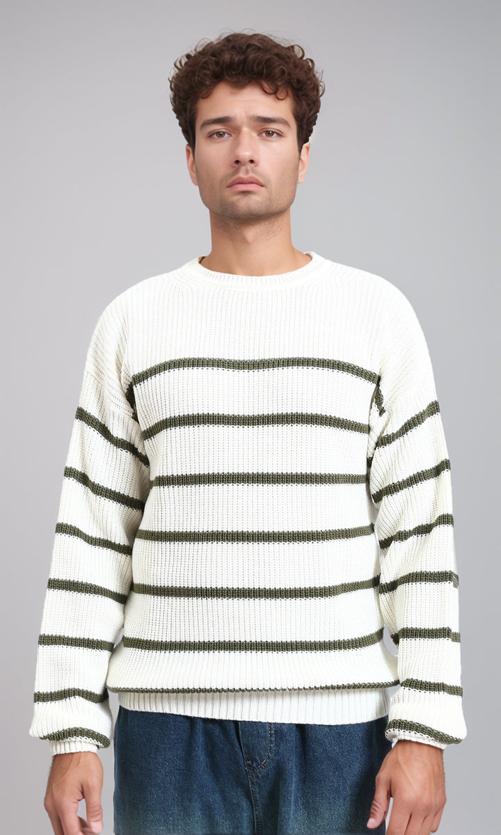 Striped Chunky Knit Pullover - White & Olive