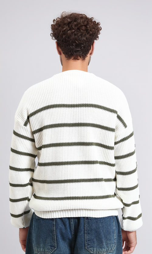 R212625 - Striped Chunky Knit Pullover - White & Olive