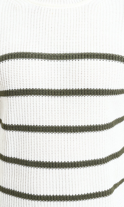 R212625 - Striped Chunky Knit Pullover - White & Olive