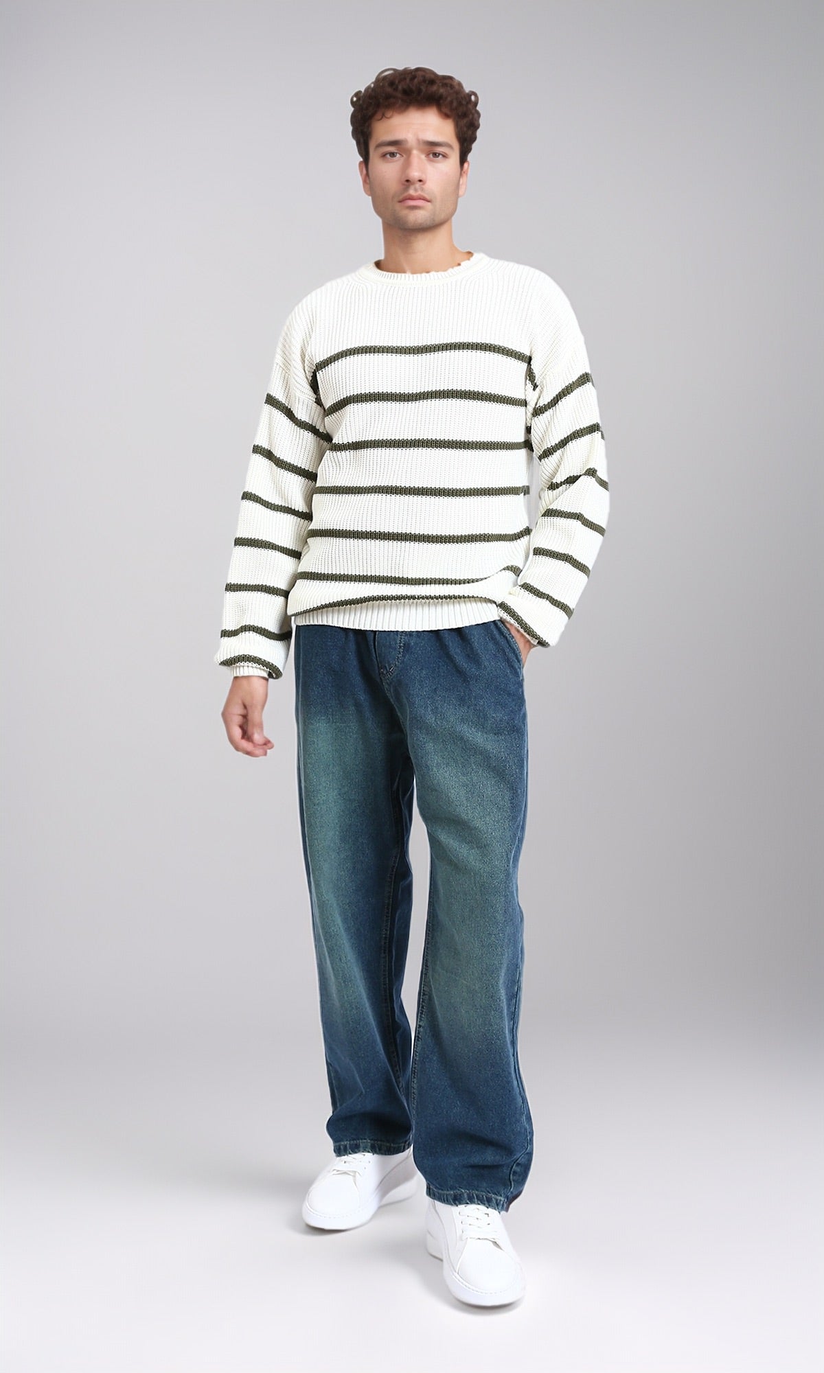 R212625 - Striped Chunky Knit Pullover - White & Olive