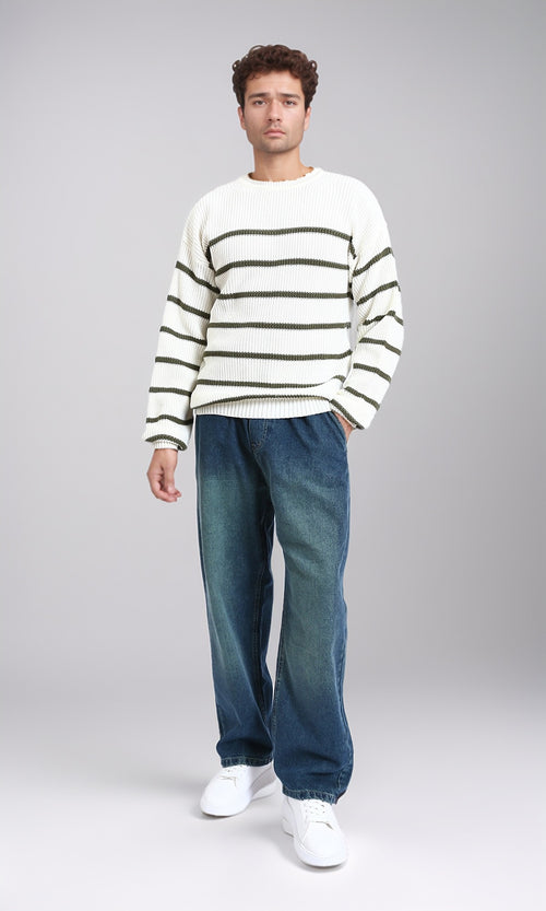 R212625 - Striped Chunky Knit Pullover - White & Olive