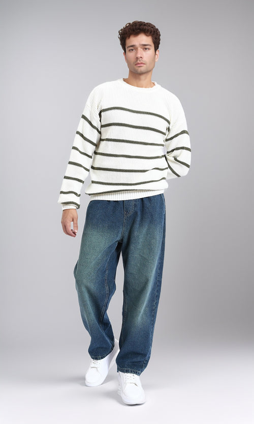 R212625 - Striped Chunky Knit Pullover - White & Olive