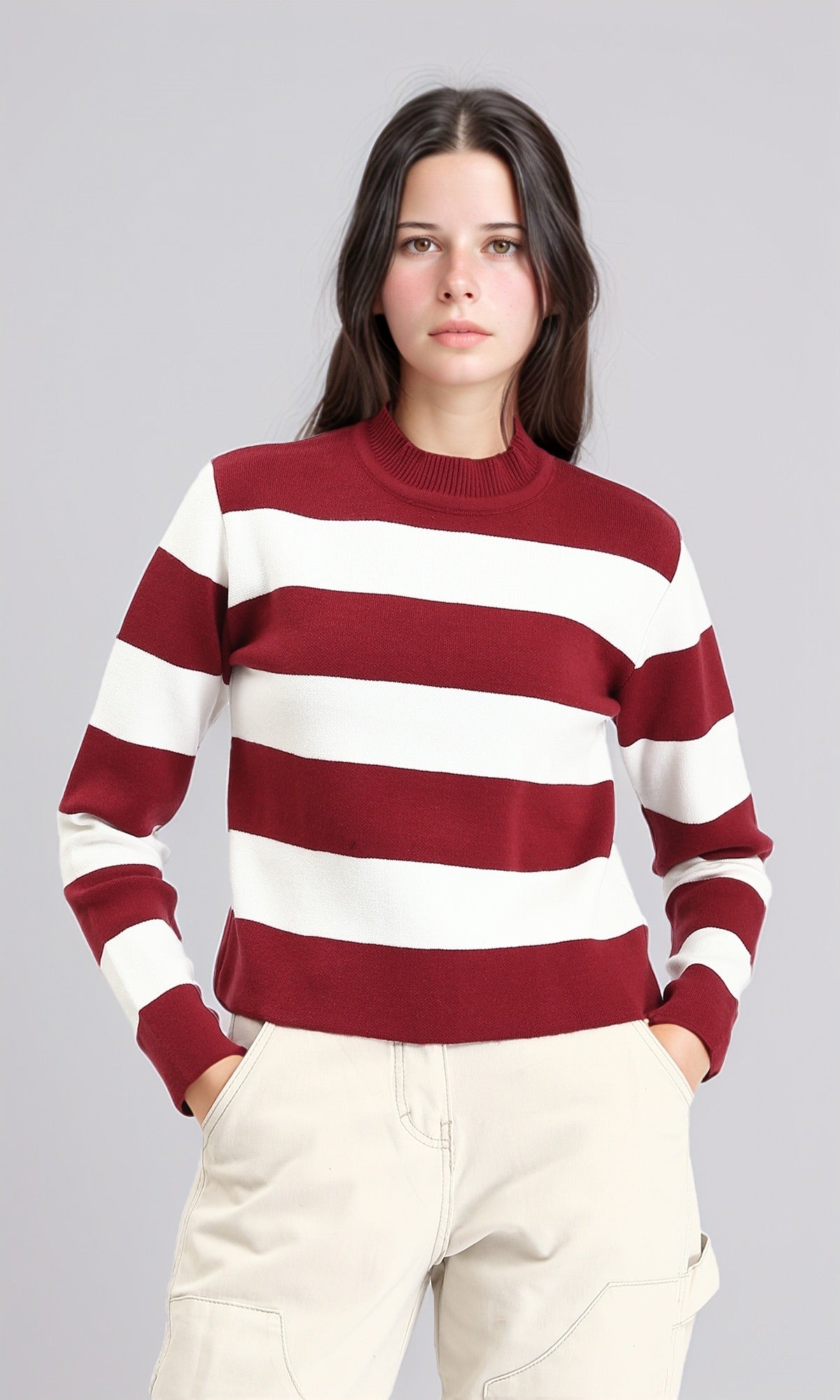 Bi-Tone Awning Striped Pullover - Burgundy & White