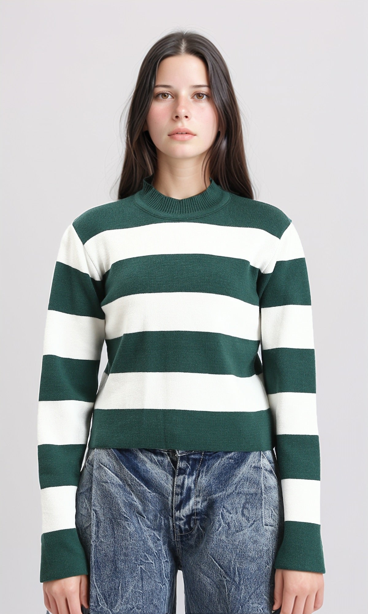 Bi-Tone Awning Striped Pullover - Dark Green & White