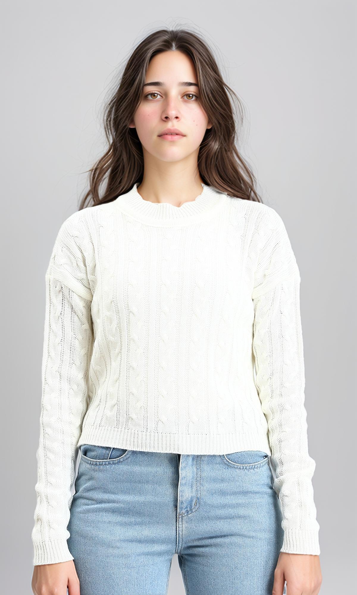 Ribbed Round Neck Braided Pullover - Off-White
