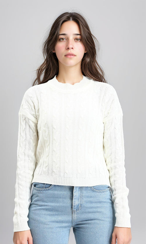 R212629 - Ribbed Round Neck Braided Pullover - Off-White
