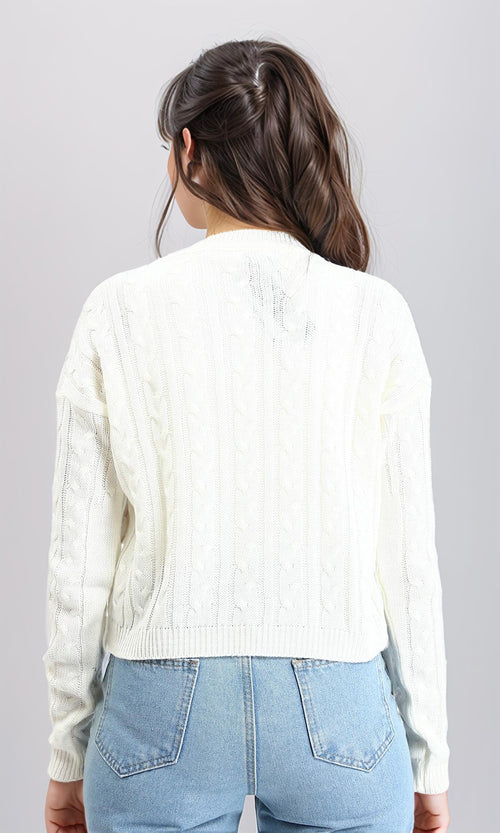 R212629 - Ribbed Round Neck Braided Pullover - Off-White