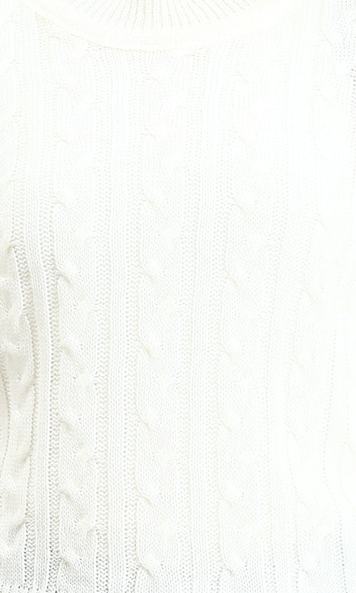 R212629 - Ribbed Round Neck Braided Pullover - Off-White