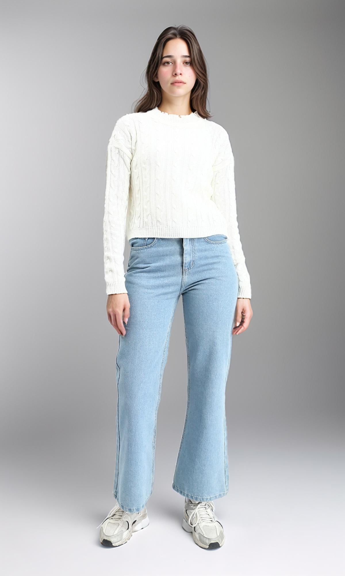 R212629 - Ribbed Round Neck Braided Pullover - Off-White