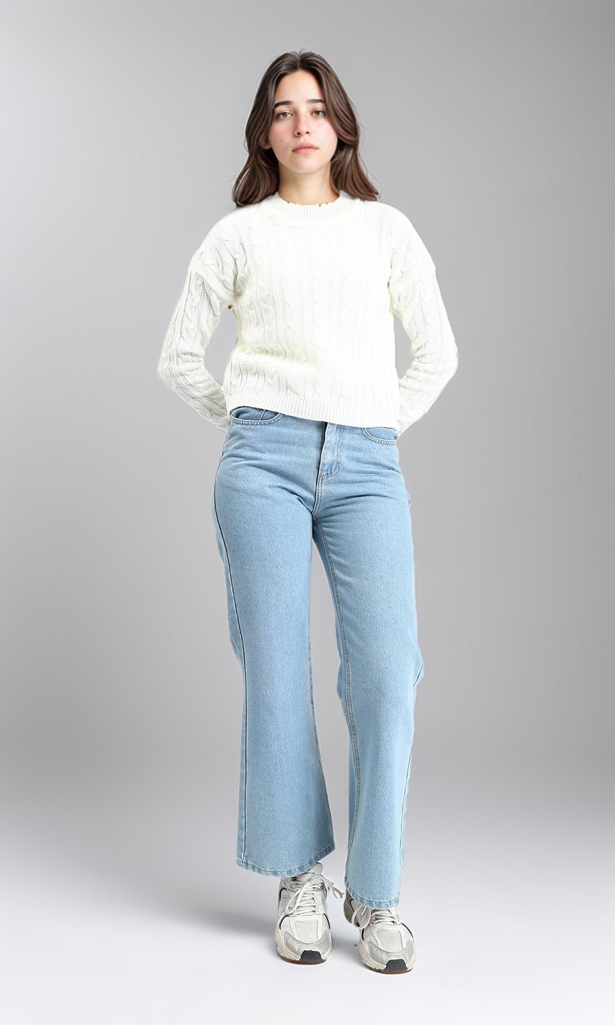 R212629 - Ribbed Round Neck Braided Pullover - Off-White