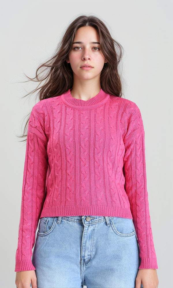 R212630 - Ribbed Round Neck Braided Pullover - Dark Pink
