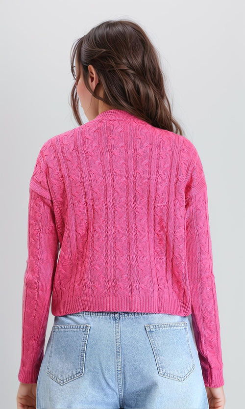 R212630 - Ribbed Round Neck Braided Pullover - Dark Pink