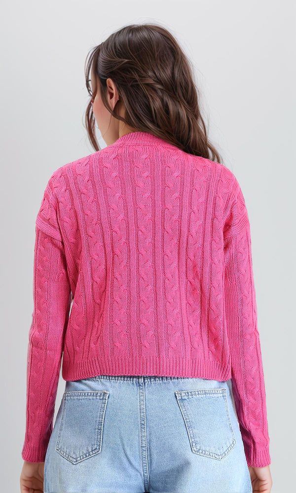 R212630 - Ribbed Round Neck Braided Pullover - Dark Pink