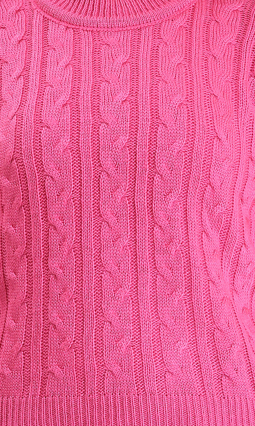 R212630 - Ribbed Round Neck Braided Pullover - Dark Pink
