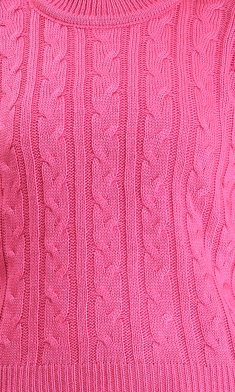R212630 - Ribbed Round Neck Braided Pullover - Dark Pink