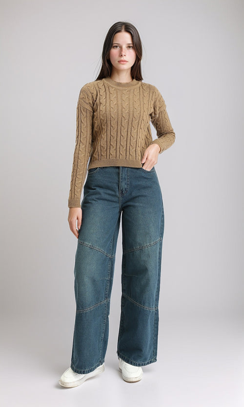 R212631 - Braided Knit Slip On Pullover - Coffee