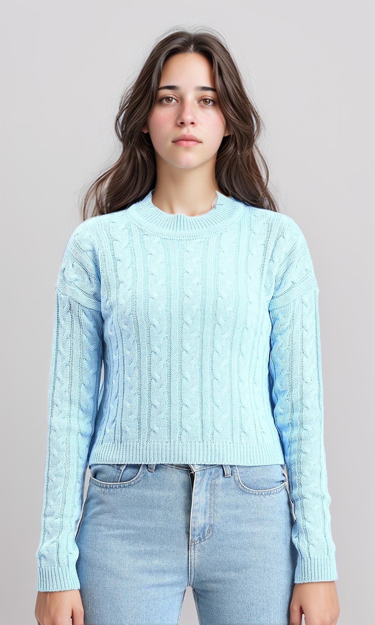 R212632 - Ribbed Round Neck Braided Pullover - Sky Blue