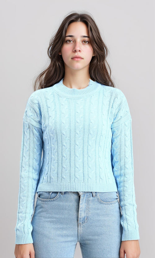 R212632 - Ribbed Round Neck Braided Pullover - Sky Blue