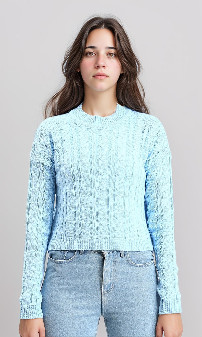 R212632 - Ribbed Round Neck Braided Pullover - Sky Blue